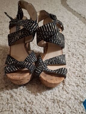 Charlotte Russe Black Printed Cork Wedge Sandals